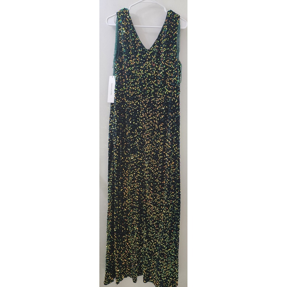 Cololura‎ Green Sequin Velvet Maxi Dress Beaded Fringe V-Neck Slit Gown NEW